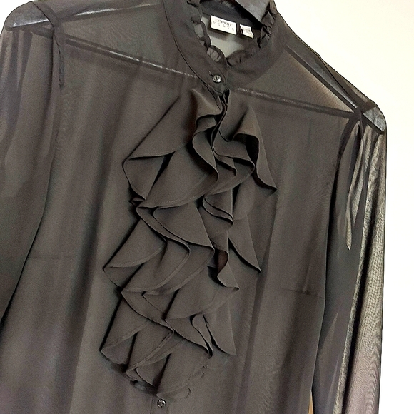 Esprit blouse womens L black sheer ruffle front high collar - Picture 7 of 7